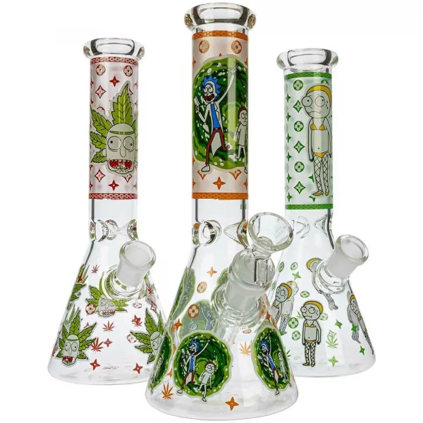 HILLSIDE GLASS 10" GLOW RICK AND MORTY GRAPHIC BEAKER BONG, ASSORTED GRAPHICS